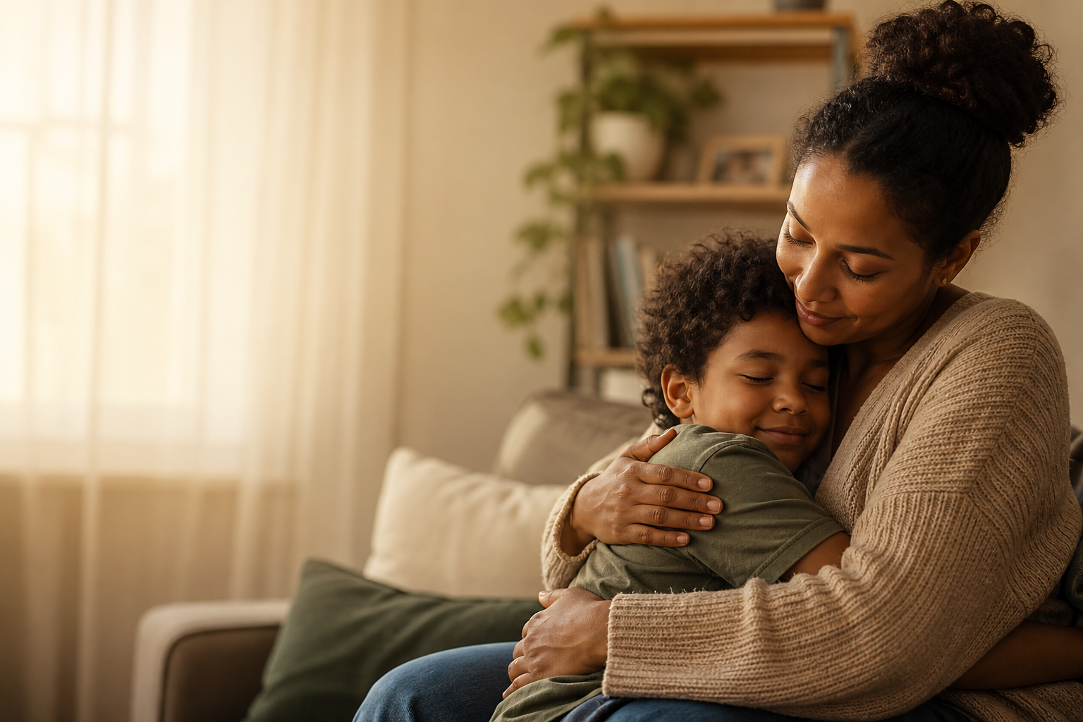 A caregiver and child sharing a supportive moment in a calm home